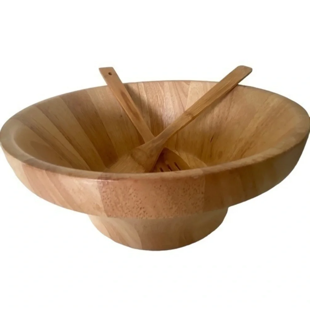 Pier 1 Beechwood Salad Bowl with Salad Serving Utensils NWOT